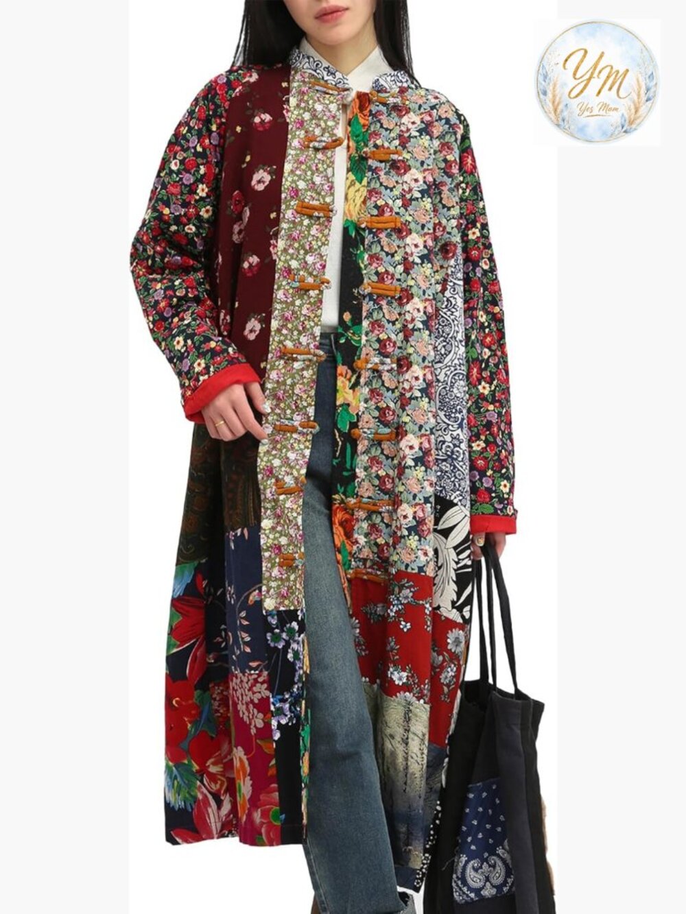 Boho Patchwork Long Jacket with Frog Buttons and Pockets